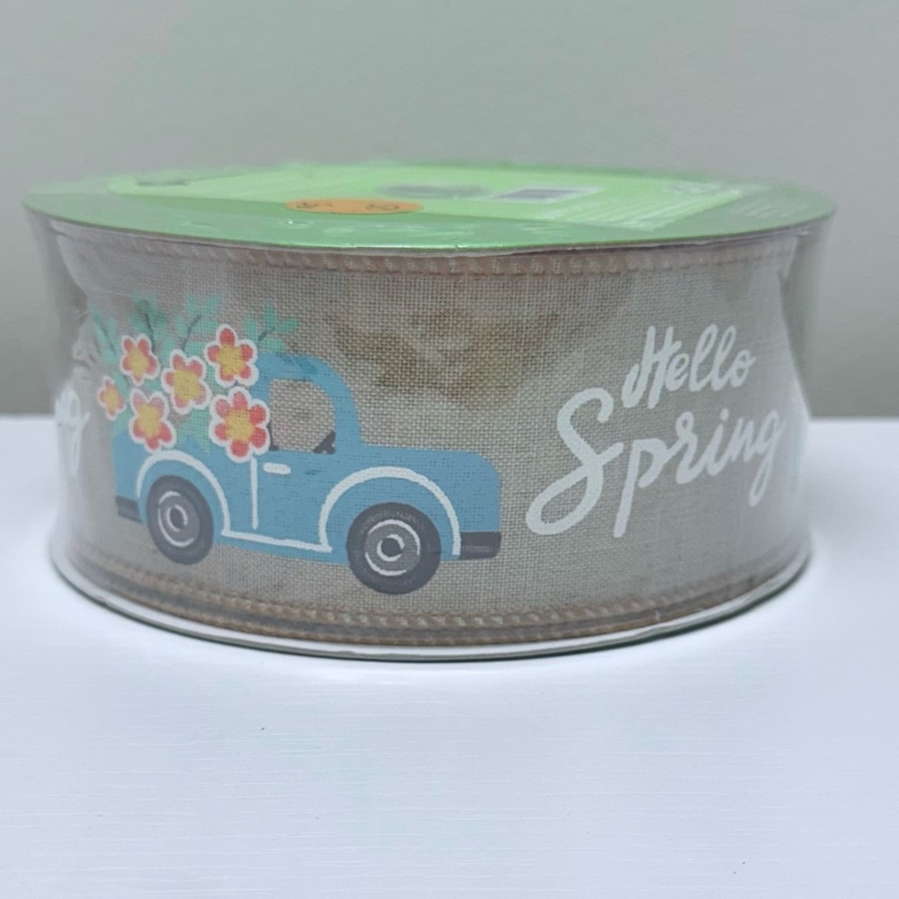 New Premium wired edge ribbon, 50 yds x 2.5”, “Hello Spring” Blue Truck Floral